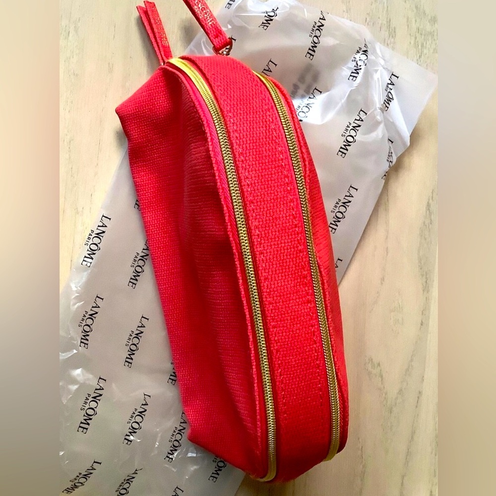 LANCÔME Makeup Bag Double-Sided, Red with goldtone zippers. NEW (RDBIN)